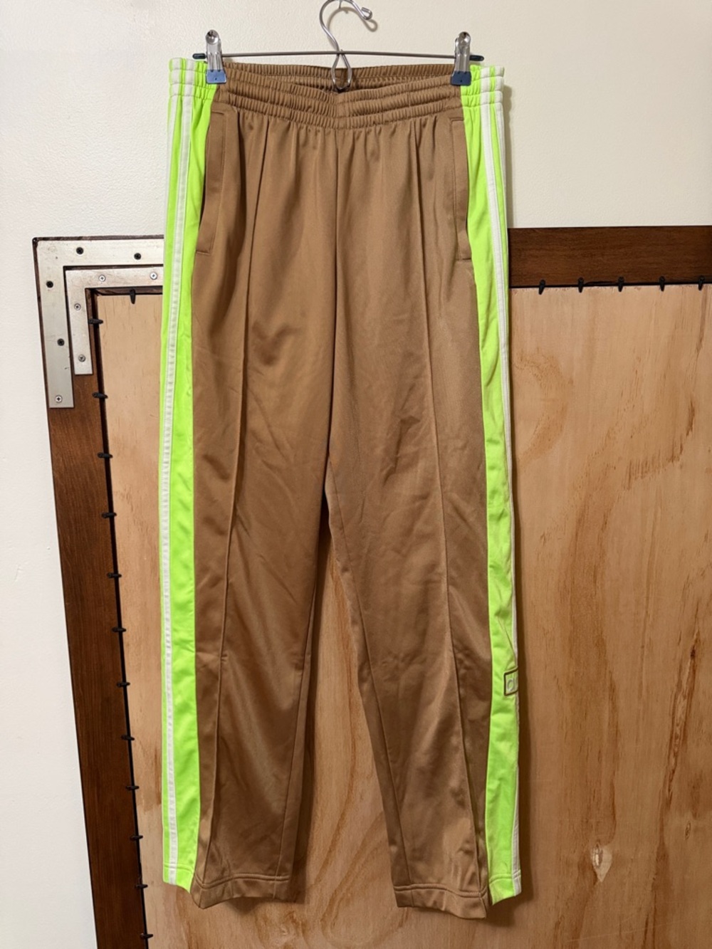 adidas Brown Track Pants with Neon Green Side Stripes